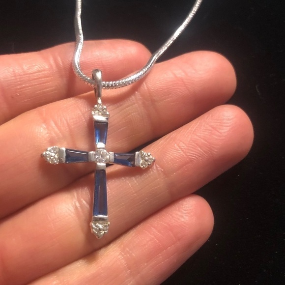 VTG Sterling Blue White CZ Cross Stamped 925 JJT CZ 1.4” w 20” 925 Snake Chain - Picture 5 of 8